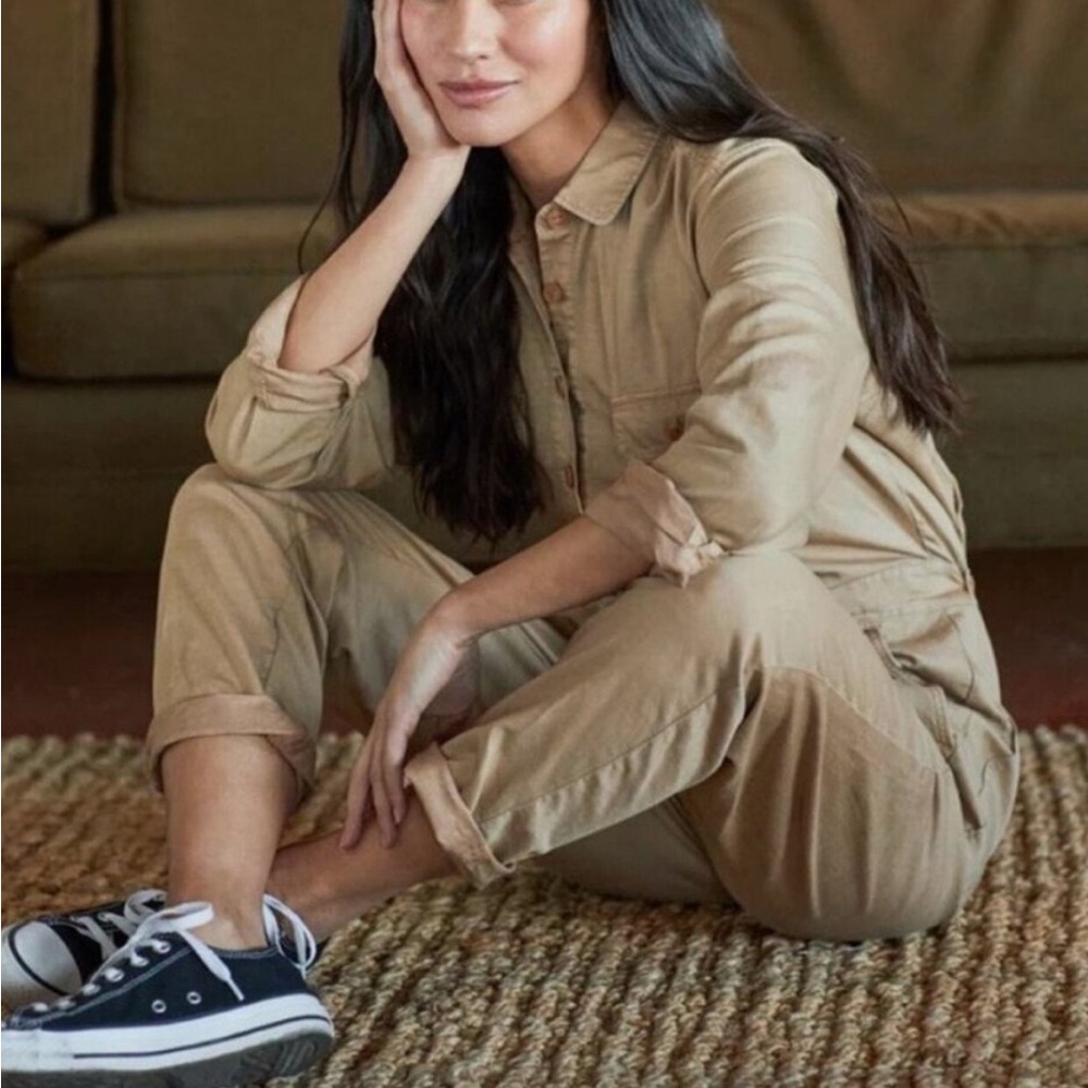 Outerknown SEA Jumpsuit‎ Pockets Organic Cotton Linen Blend Tan Sand Women's S